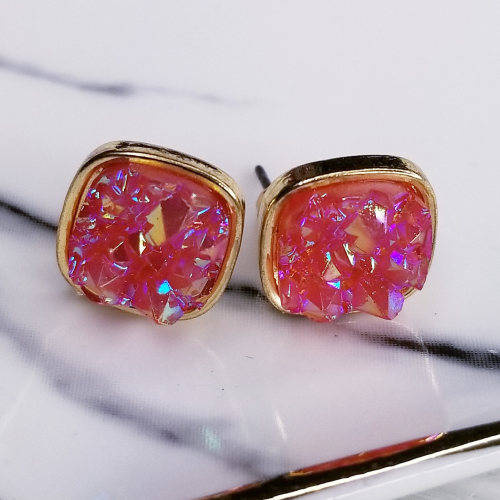 Rose Pink Iridescent Square Druzy Stud Earrings
